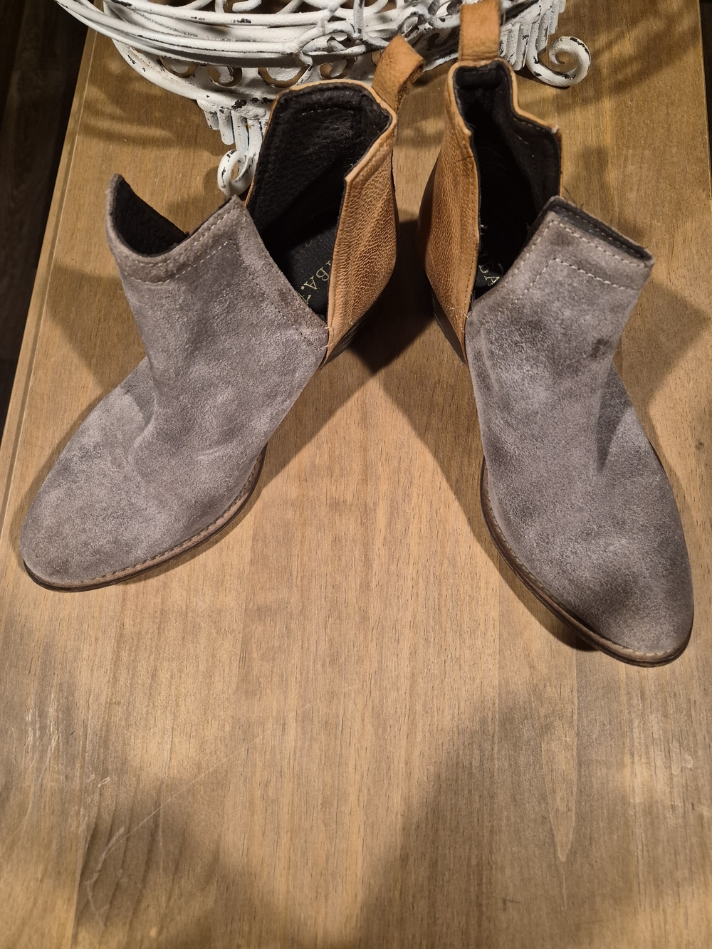 Two-Tone Suede Chelsea Booties in Gray and Tan